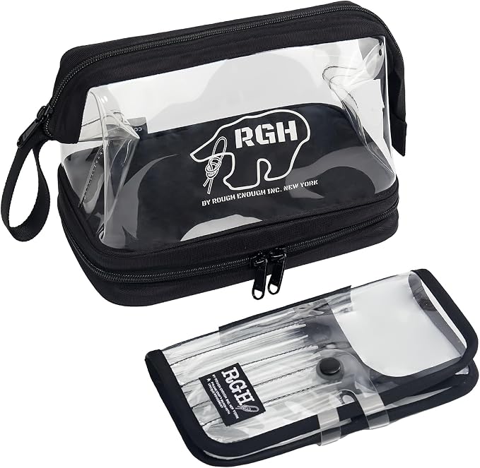 Rough Enough Clear Cosmetic Bag for Women and Men, Leakproof Travel Makeup Organizer, with Detachable Brush Pouch, Large Opening, 6.5”x5”x8.5” by REROUGHENOUGH