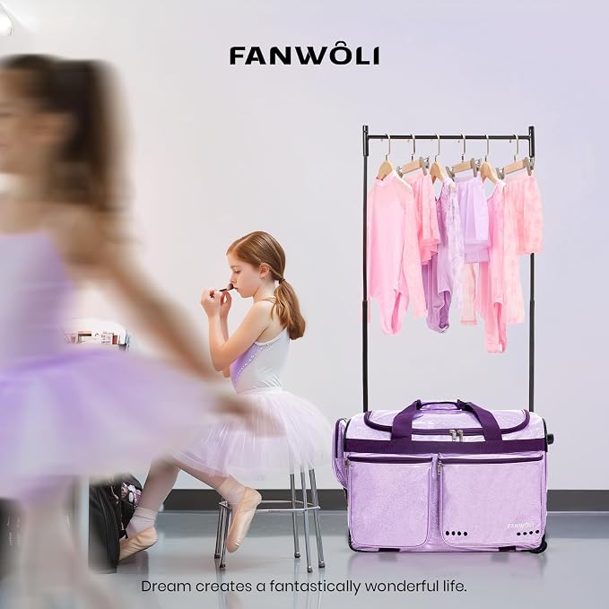 Fanwoli 23" Dance Bag with Garment Rack | Glittering Waterproof Fabric | Shine-Bright Collection | Ideal Competition Rolling Duffle Bag for Dancer Cheerleader Little Princess | Sparkle Purple - Image 7