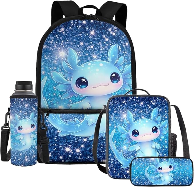 Glitter Axolotl 4-Piece Kids Backpack Set – No Extra Purchases Needed! 17'' School Bag with Insulated Lunch Bag, Pencil Case & Water Bottle Pouch, Lightweight Bookbag for Girls Age 6-12 by Dremagia