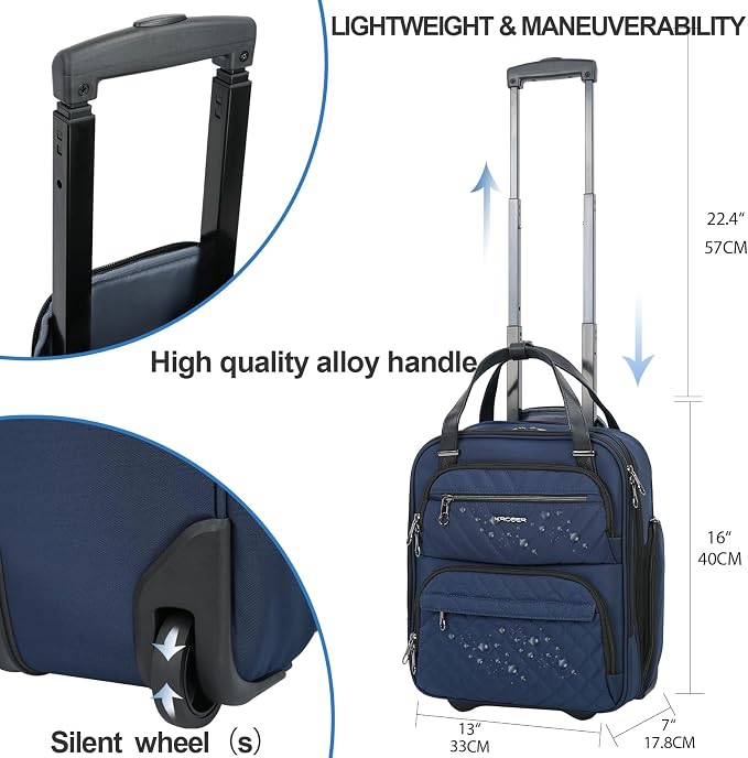 KROSER Carry On Underseat Multi-functional, 16-inch Underseater Lightweight Overnight Suitcase for Women, Navy - Image 3
