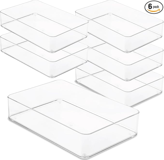 primebox Plastic Clear Drawer Organizers. Bathroom. Kitchen, Bedroom, Utensils, Office Organizer Bins, Storage Trays. Stackable. 9" x 6" x 2" Set of 6 by primebox