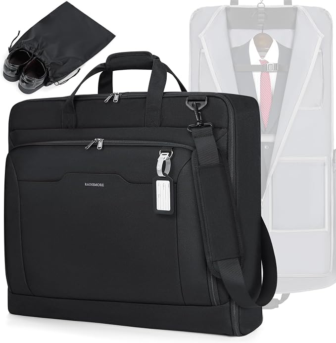 RAINSMORE Garment Bags for Travel Carry On Garment Bag for Hanging Clothes, Suit Bag for Business Trips with Shoes bag & Shoulder Strap, Waterproof Foldable Suit Luggage Bag for Men Women, Black by RAINSMORE