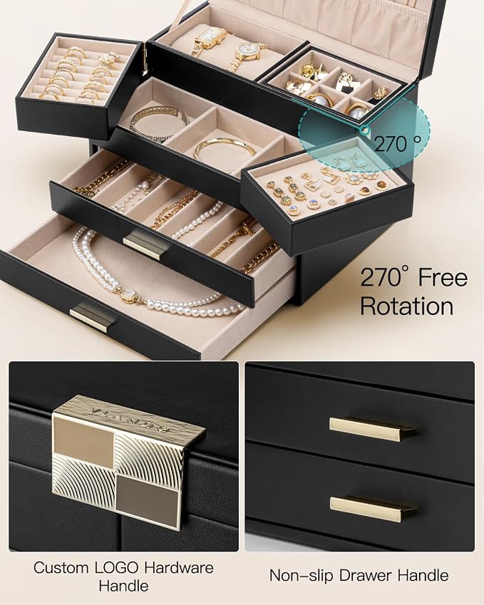 VLANDO 4 Layers Jewelry Box - Women Jewelry Box with Retractable Tray - Jewelry Organizer with Drawer for Necklaces, Rings, Bracelets, Earrings, Gift for Couples Mom Girls - Black - Image 4