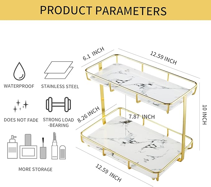 Bathroom Organizer Countertop Perfume Organizer Makeup Organizer Cosmetics Storage Display Rack Vanity Tray Dresser Stainless Steel Gold Shelf White Marble Ceramic Tray - Image 2