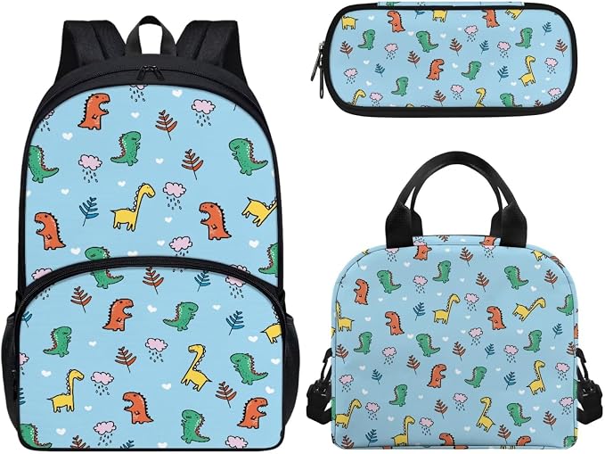 Cute Cartoon Dinosaur School Bags for Girls, 3Pcs Students Backpack, Elementary Princess Bookbag Sets with Lunch Box Pencil Case for School by CndexdWearfunPrintjoy