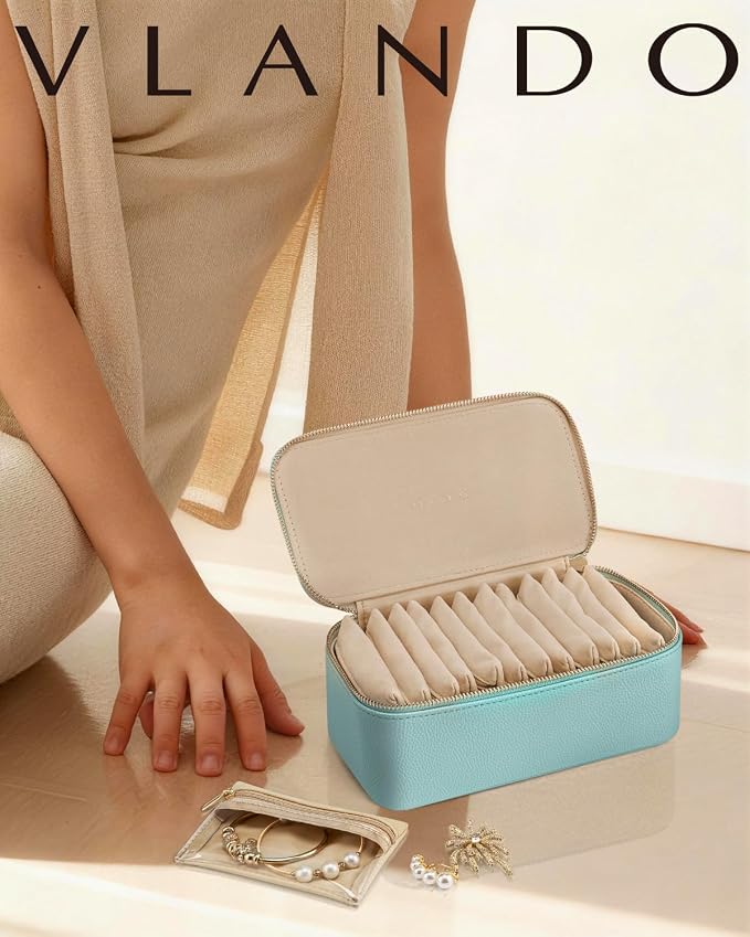 VLANDO Travel Jewelry Organizer with 12 Velvet Jewelry Bags Travel Jewelry Case for Girls Jewelry Storage Necklace Rings Earrings Bags Gifts for Women Daughter Friends(Lake Blue) - Image 2