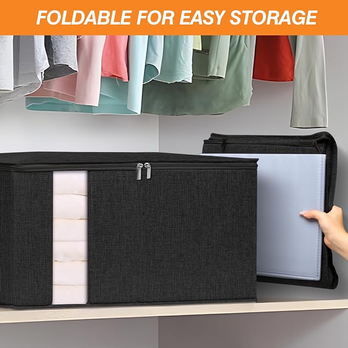 punemi 2 Pack Clothes Storage, Sturdy Blanket Storage Bags with Side Bottom Support, Storage Containers for Organizing Bedroom Closet Clothing Comforter, Organization and Storage W/Lids Handle,Black - Image 7