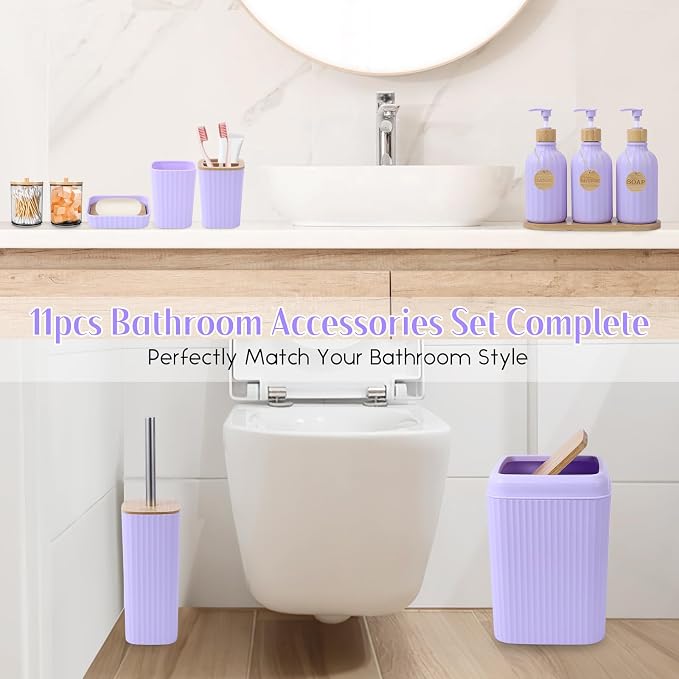Light Purple Bathroom Accessories Set 17PCS Bathroom Set with Trash Can 3PCS Lotion Soap Dispenser, Toothbrush Holder, Soap Dish,Tumbler Cup,6PCS Wood Tags Bath Accessories with Tray for Bathroom - Image 5