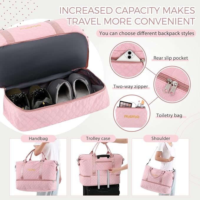 Dansydaisy Mama Hospital Bag for Women Labor Delivery Travel Duffle Bag with Shoe Compartment and Toiletry Pouch Waterproof Letter Embroidered for Pregnancy Weekender Overnight Gym Gift, Pink - Image 3