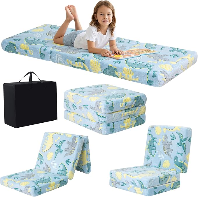 MeMoreCool Glow Dinosaur Kids Foldable Floor Mattress, 63x26 Inch Blue | Glow dinosaur trifold mattress for kids room, playroom and travel, 63x26 in by MeMoreCool