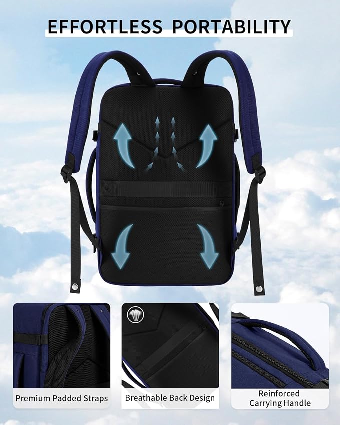 ECOHUB 19" Large Travel Backpack, Carry on Luggage Airline Approved, Water Resistant Rucksacks Fit 15.6" Laptop, AirTag Pocket, Lightweight Casual Daypack, 34L, Blue - Image 7