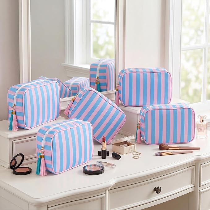 Kacctyen 6 Pack Peony Pink and Slate Blue Striped Makeup Bag bulk with Tassel Travel Cosmetic Pouch Organizer Large Zipper Toiletry Case for Women Aesthetic Storage Pouch Mahjong Tile Bag - Image 8