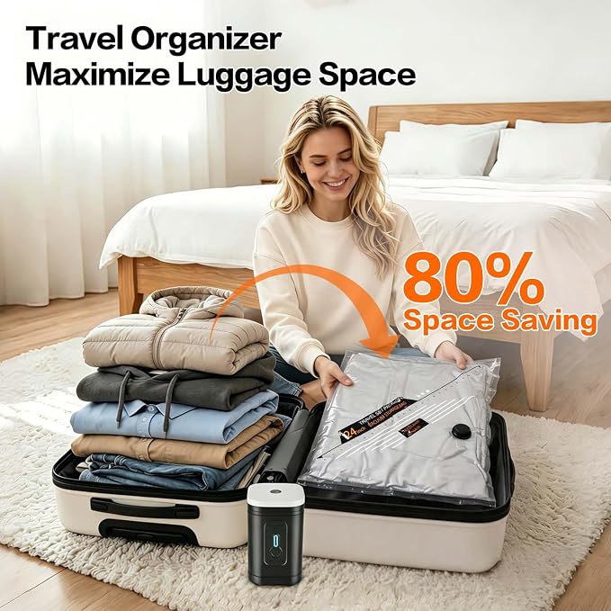 Rechargeable Wireless Pump Travel Storage Bags Set - 10 Pack Portable Space Saver Bags for Travel & Home - Vacuum Compression Packing Seal for Clothes, Blankets, Seasonal Storage - Image 3