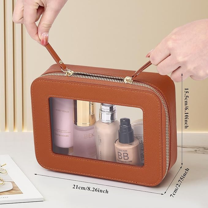 Clear Makeup Bag Women's Waterproof Travel Cosmetic Case and Toiletry Bag Portable Makeup Organizer Bag for Car with Zipper (Brown, M) - Image 3