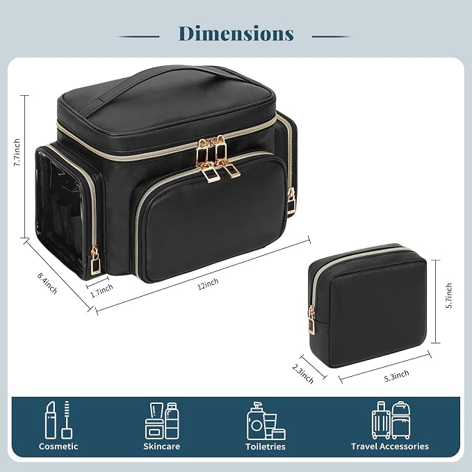 Makeup Bag, 2PCS Leather Large Travel Makeup Bag, Portable Waterproof Makeup Bag Organizer for Women with Makeup Brush Compartment, Cosmetic Travel Bag Vertical Storage Toiletry Bag, Black - Image 2