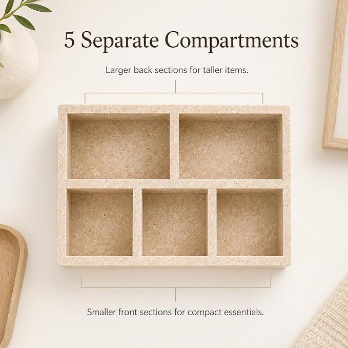 Travertine 5-Compartment Desk Organizer, Beige | Natural travertine with 5 compartments for pens, makeup brushes, skincare bottles, office supplies and vanity items - Image 5