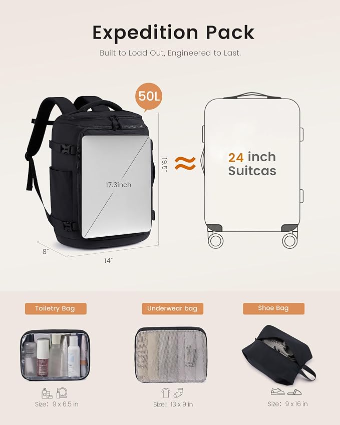 LOVEVOOK Travel Backpack for Women & Men, 50L Large Carry On or Checked Luggage, Waterproof Hiking Backpack with 3 Packing Cubes for 5+ Day Trips, Camping & Backpacking Essentials, Black - Image 3