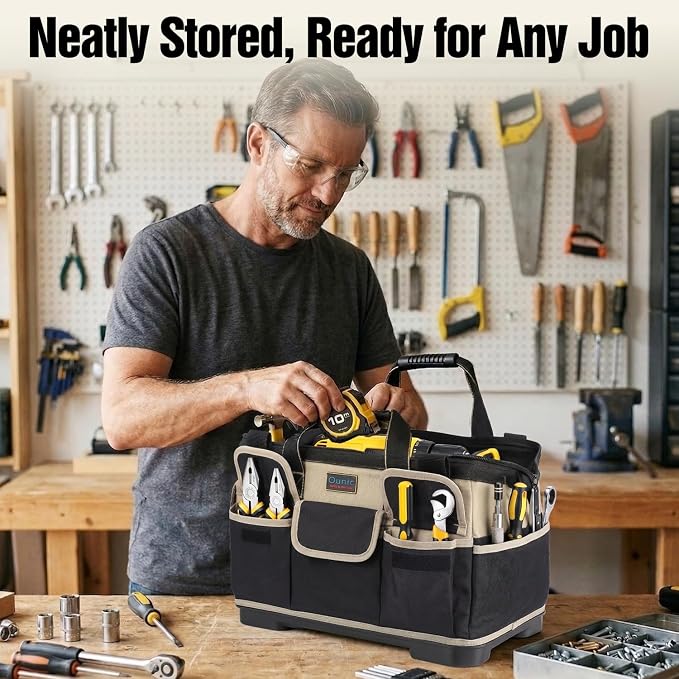 Tool Bag, Ounic 18 Inch Large Tool Tote Bag Heavy Duty With Waterproof Molded Base, Wide Mouth Tool Box Organizer with Adjustable Shoulder Strap for Electrician Mechanic Craftsman Plumbers(Coffee) - Image 8