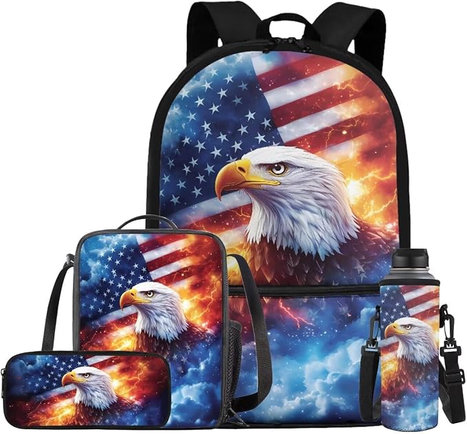 White Eagle Boys Backpack with Lunch Box Usa Flag Primary Schoolbags with Thermal Lunch Box Pencil Holder Cool Shoulder Laptop Daypack Cute School Supplies Set for Teens by Bivxisrvo