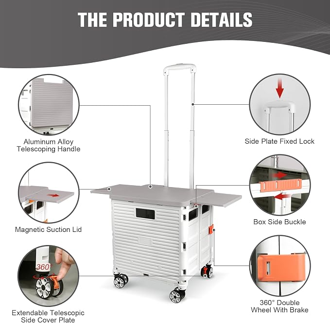 FELICON SELORSS Folding Utility Cart Portable Rolling Crate Handcart-White | Magnetic Sliding Lid,Telescoping Handle,Plastic Box Dolly,360°Swivel Wheels for Travel Shop Move Laundry Office Teacher Use - Image 3