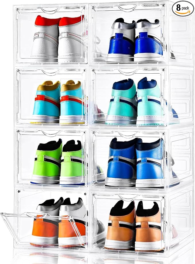 Clemate Upgraded X-Large Shoe Storage Box,8 Pack,Shoe Box Clear Plastic Stackable,Drop Front Shoe Box with Clear Door,Shoe Organizer and Shoe Containers For Sneaker Display,Fit up to US Size12 by Clemate