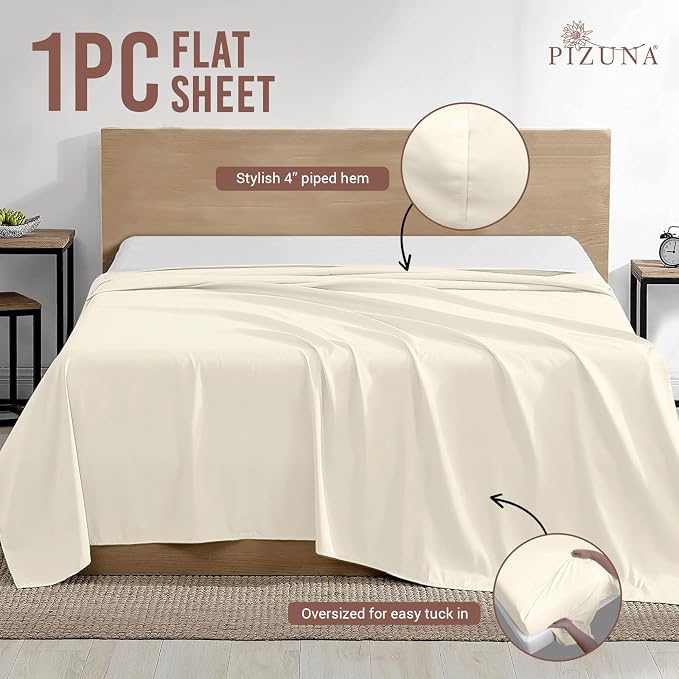 Pizuna Pure 100% Cotton Flat Sheets Only King Ivory (1 PC), Luxurious 400 Thread Count Long Staple Cotton Sateen with 4inch Hem (Combed King Flat Sheet Only Cotton) - Image 3