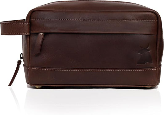 Leather Farm Premium Buffalo Leather Toiletry Bag for Men & Women - Dopp Kit With Water Resistant Lining, Shaving Pouch, Unisex Wash Bag For Toiletries, Gifts For Men and Women - Dark Brown by THELEATHERFARM