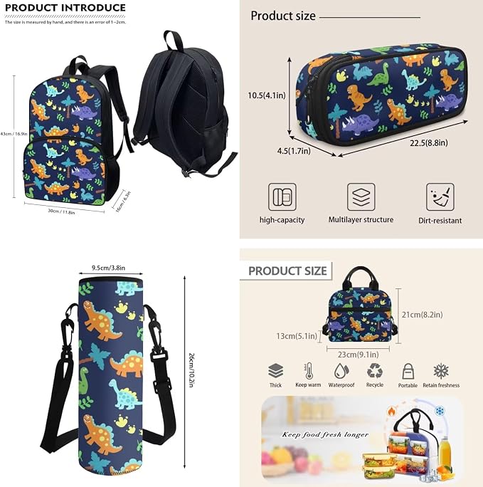 POLERO Boys Dinosaur Backpack Set with Lunch Box Cartoon Cute Kids Lightweight Book Bag Toddler Kindergarten School Bags 4 Pcs - Image 3
