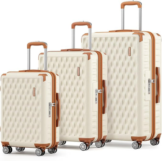 Melalenia Luggage Sets 3 Piece, Hard Shell Carry on Suitcase with Spinner Wheels and TSA Lock, Travel Lightweight Luggage Set for Women, Beige Brown by Melalenia