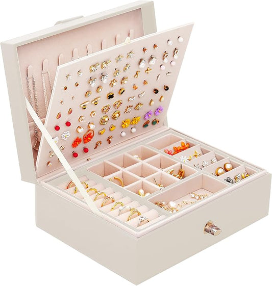 QBestry Girls Jewelry Box Earring Holder Organizer for Girls Jewelry Organizer Box Stud Earrings Organizer for Girl Womens Beige Jewelry Box for Earrings and Necklaces Rings Stud Earring Box for Teen by QBestry