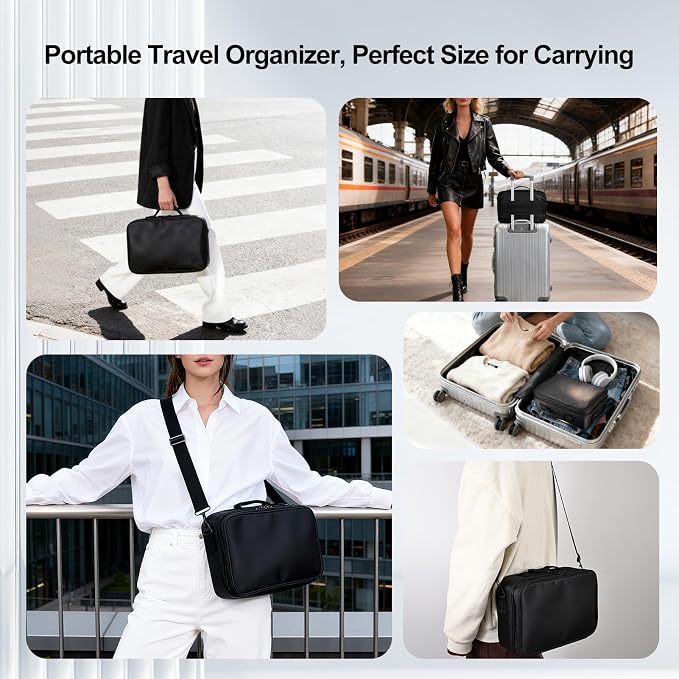 Greenfeather Travel Makeup Bag, Professional Cosmetic Train Case Organizer, Portable Travel Cosmetic Brush Bag Holder Makeup Artist Storage Box with Adjustable Dividers and Shoulder Strap, Black - Image 7