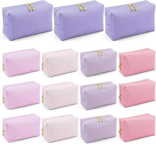 15 Pcs Pink Makeup Bag Bulk PU Cosmetic Pouches Preppy Waterproof Travel Toiletry Bags Aesthetic Storage Organizer Bags Party/Birthday Gift Favors for Teen Girls Women(Pink-Purple Series) by Unknown
