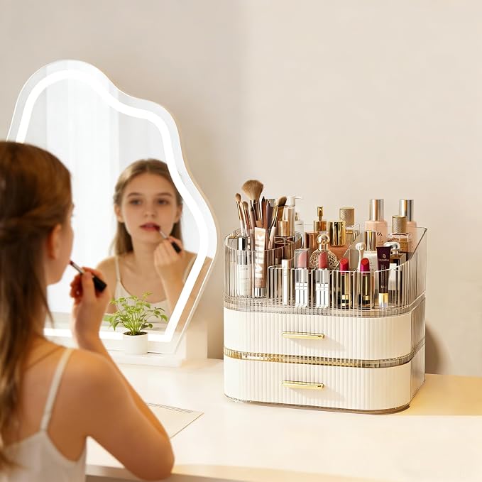 Makeup Organizer with 360 Rotating Brush Holder and Stackable Drawers, Cosmetic Display Case for Vanity, Bathroom Countertop (White, 3 Layer) - Image 5