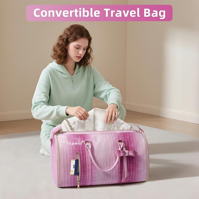 Convertible Garment Duffle Bag for Women, Foldable 2-in-1 Carry On Travel Bag with Shoe Compartment & Toiletry Pocket, PU Leather Stylish Garment Bags for Business Trip, Vacation, Pink-White - Image 8