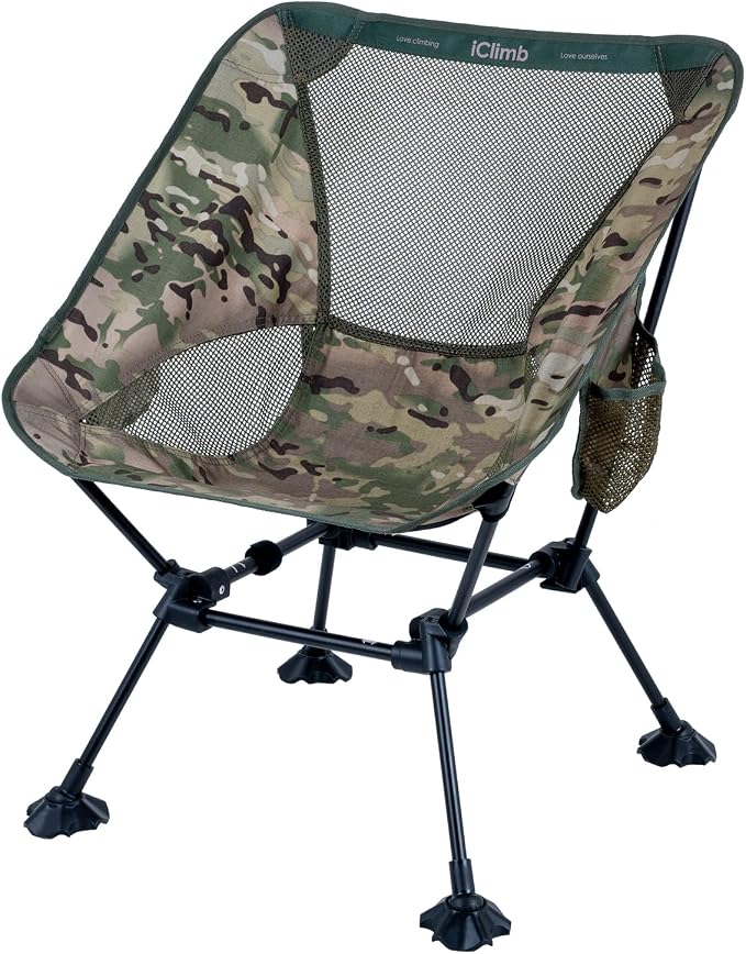 iClimb Ultralight Compact Camping Folding Beach Chair with Anti-Sinking Large Feet and Back Support Webbing (Woodland - Square Frame - 2PC) by iClimb