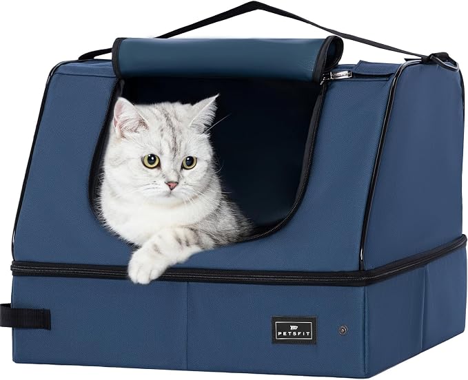 PETSFIT Portable Travel Cat Litter Box with Lid – Collapsible, Leak-Proof & Washable 2-Layer Lining, Sturdy Support Frame, for Hotel/Car/Camping, Cat Travel Essentials for Kitty/Medium Cats Light Blue by Petsfit