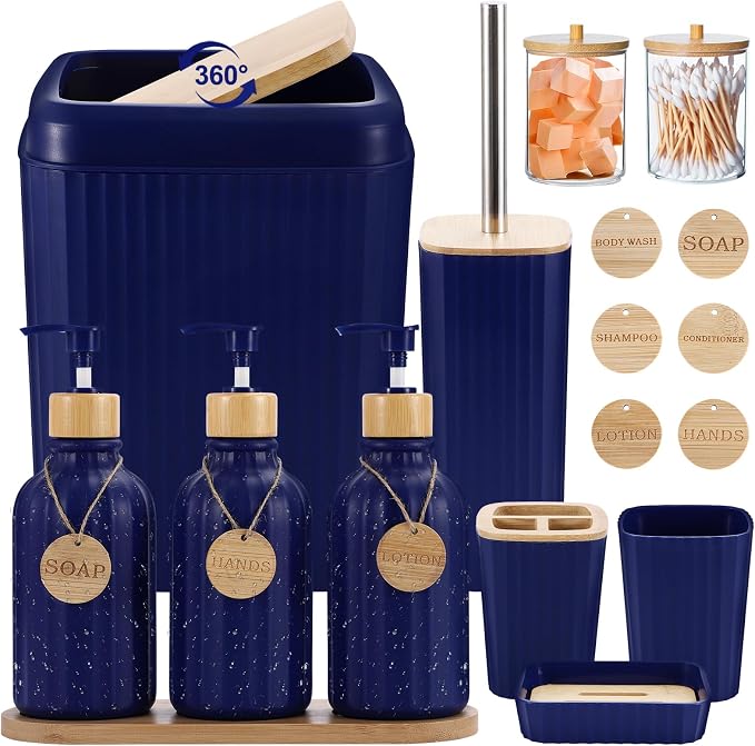 XLHOMO Navy Blue Bathroom Accessories Set 17PCS Bathroom Set with Trash Can 3PCS Lotion Soap Dispenser, Toothbrush Holder,6PCS Wood Tags Bath Accessories with Tray for Kitchen Bathroom by BetterbathroomwithXLHOME
