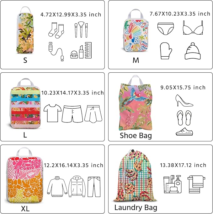 6 Pcs Compression Packing Cubes Waterproof Suitcase Travel Bag Luggage Backpack Organizer Travel Cubes for Packing-Tropical Banana - Image 5