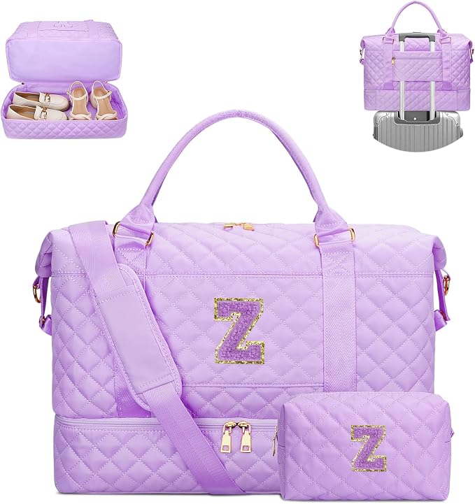 Gifts for Women Initial Travel Duffle Bag Quilted Weekender Bags Carry-On Overnight with Cosmetic Bag, Gym Bag with Shoe Compartment Hospital Bag for Women Labor Delivery, Purple-Z by Unknown