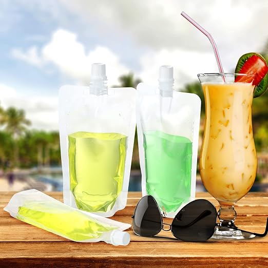 Patelai 150 Pieces Plastic Liquid Pouch Reusable Juice Pouches Travel Water Leak Proof Bags Bulk with Collapsible Silicone Funnel for Travel Outdoor (8 oz) - Image 2
