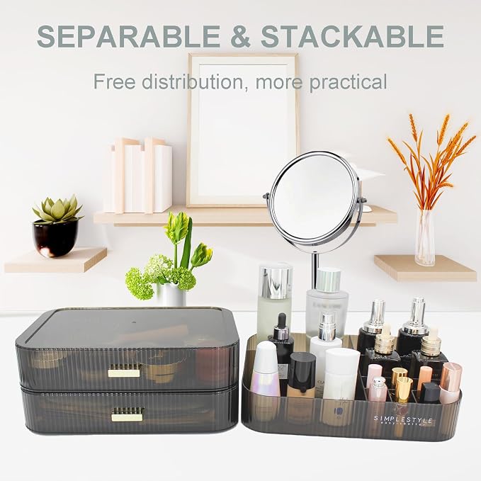 Makeup Organizer with 2 Drawers, Cosmetics Organizer for Bedroom and Bathroom Vanity Countertops, Large Capacity Cosmetic Storage Box for Skincare Cream Perfume Lipstick Dresser Counter-Black - Image 2