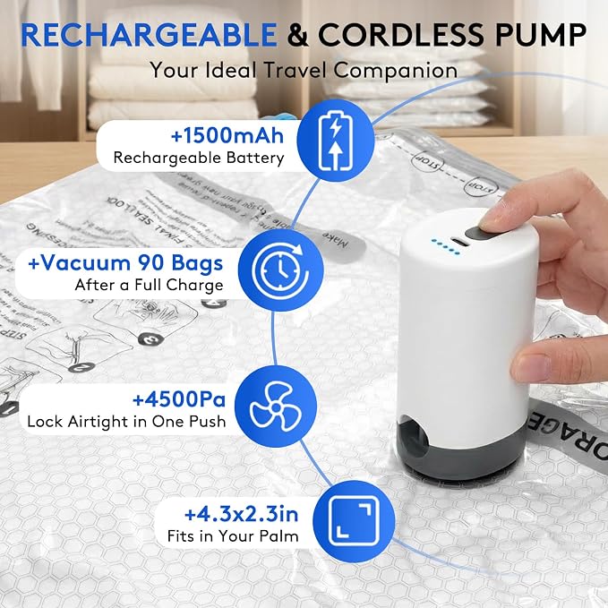 24 Packs Vacuum Bags for Travel with Rechargeable Pump, 3 Sizes Vacuum Seal Bags for Clothing, Compression Vacuum Travel Bags for Luggage, Vacuum Packing Bags for Closet Organization - Image 3