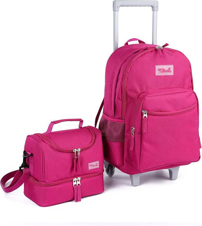 Tilami Rolling Backpack 18 inch Double Handle with Lunch Bag Wheeled Kids Backpack, Deep Pink by Tilami