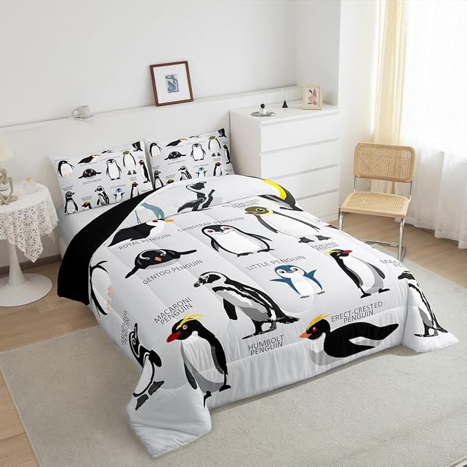 Erosebridal Penguin Comforter Set King Size,Black White Penguins Bedding Set Cute Animal Down Comforter for Kids Boys Girls Teens,Wildlife Grey Bedding Quilted Sets with 2 Pillow Cases Bedroom Decor - Image 7