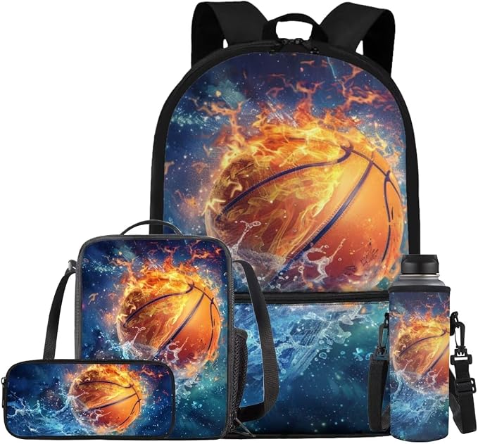 Galaxy Basketball Backpack for Boys Girls Backpack with Lunch Box Water Bottle Holder and Soft Pencil Case 4 in 1 Set Bookbag with Front Pocket for School 17 inch Sturdy School Bag for Kids by ELEDIZI