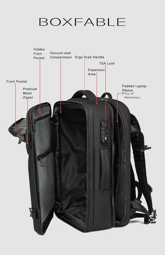 Vacuum Seal Travel Backpack 45L with Pump, Expandable Carry On Backpack with Air Compression System, Water Resistant TSA Lock, Fits 16" Laptop for Travel - Image 5