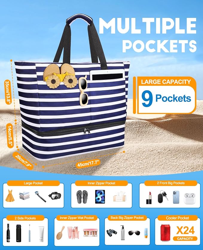 ISEYOU Beach Bag with Cooler, 49L Large Waterproof Sandproof Tote with Zipper, Foldable Travel Bag for Beach, Pool, Picnic - Image 5