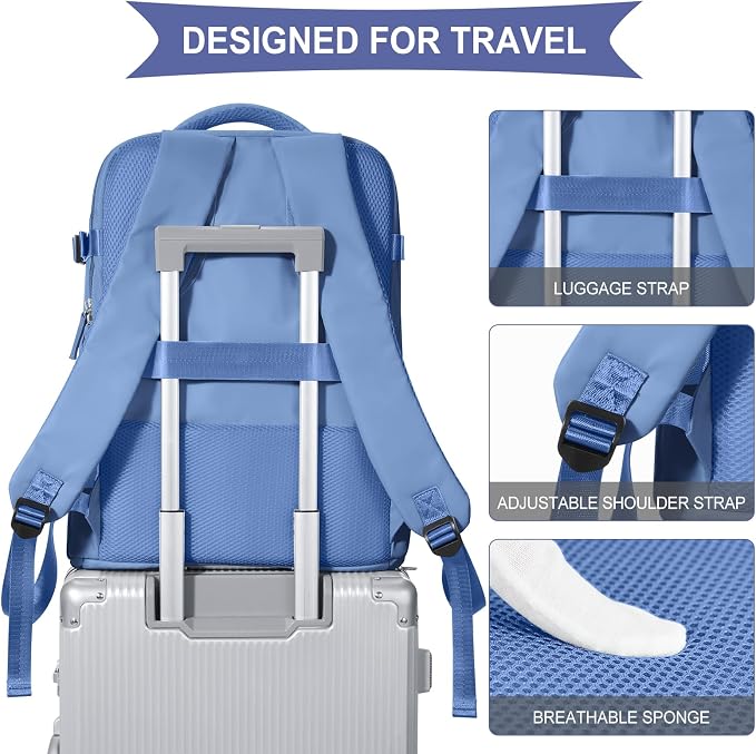 coowoz Large Travel Backpack For Women Men,Carry On Backpack Flight Approved,Hiking Backpack Outdoor Rucksack Casual Daypack Fit 15.6 Inch Laptop Shoes Compartment (Sky Blue L) - Image 5