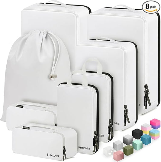 8 Set Compression Packing Cubes for Travel, Waterproof Luggage Organizers, Suitcase Organizer Set for Carry-On & Checked Baggage, Travel Accessories for Men & Women