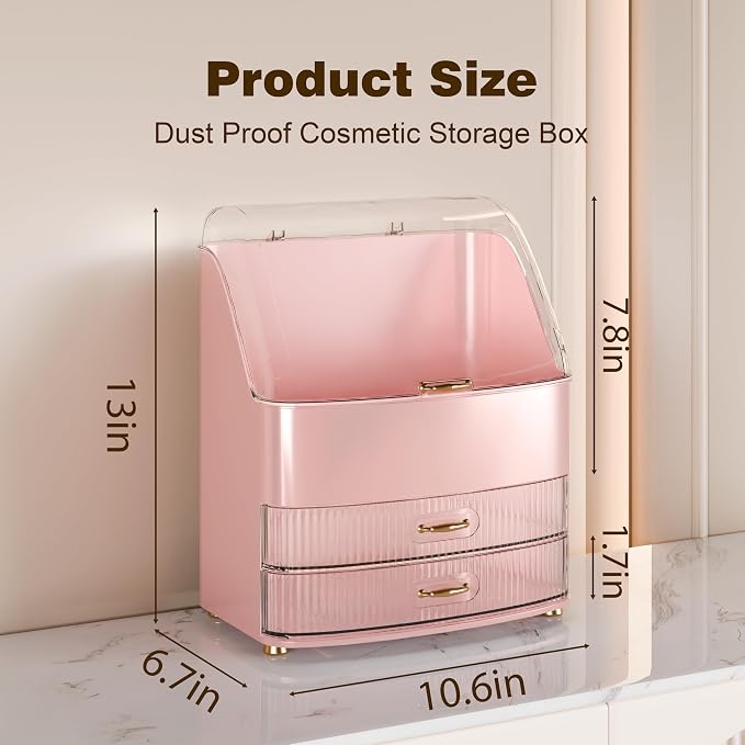 Makeup Organizer Countertop Vanity with Transparent Lid Drawers Waterproof Dustproof Cosmetic Skincare Bathroom Storage Gift for Women Teens Girls (Pink) - Image 5